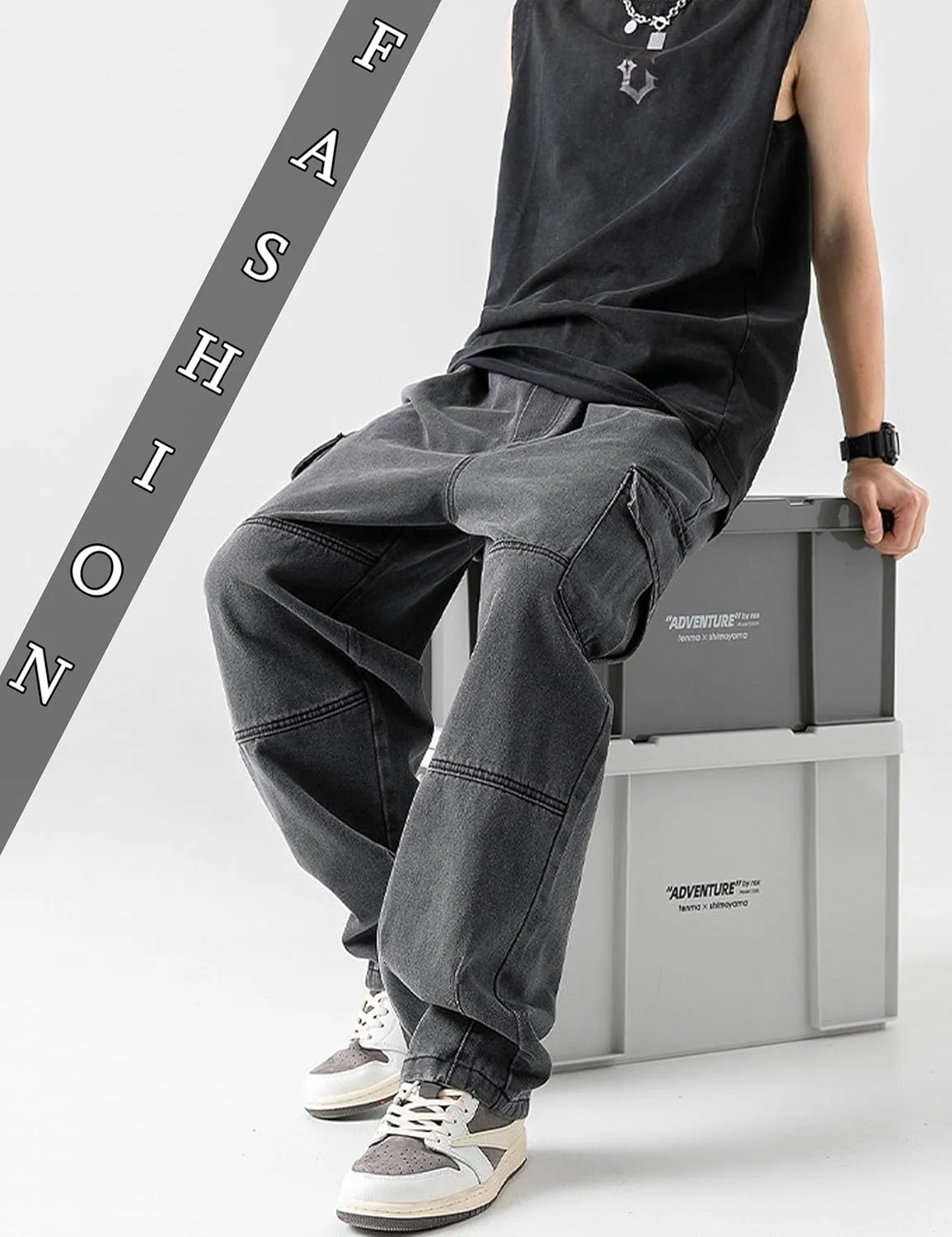 Denim Cargo Pants Y2k Baggy Jeans Gothic Punk Wide Leg Streetwear Oversized Relaxed Fit Jeans