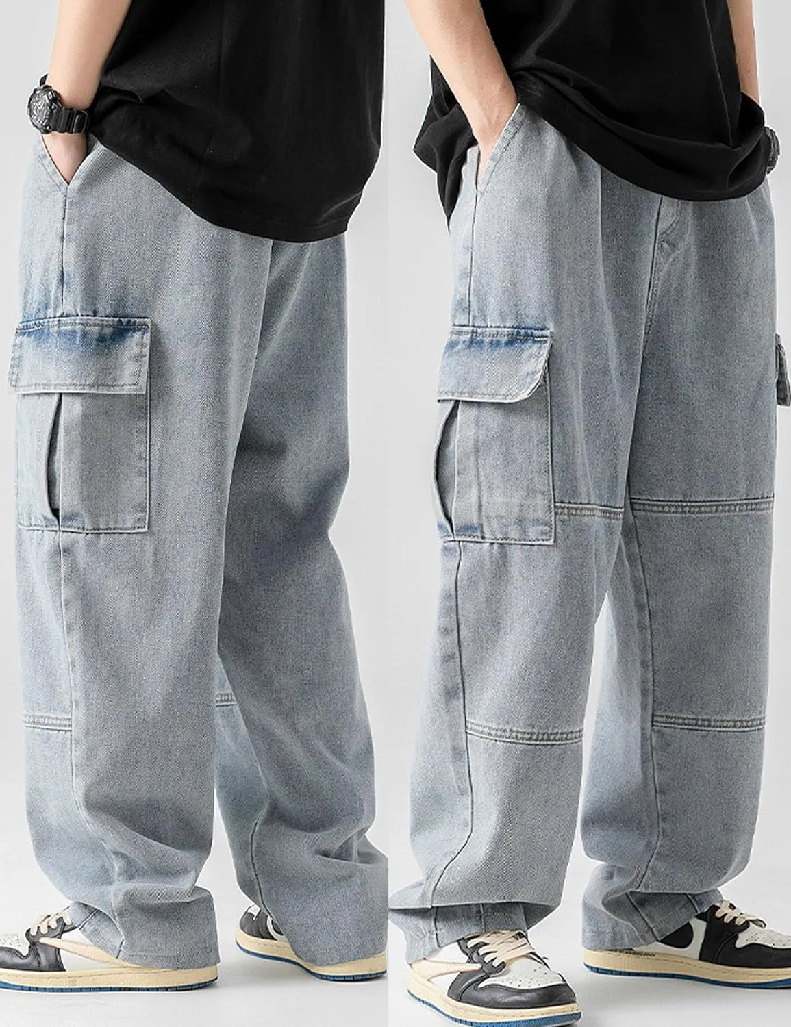 Denim Cargo Pants Y2k Baggy Jeans Gothic Punk Wide Leg Streetwear Oversized Relaxed Fit Jeans
