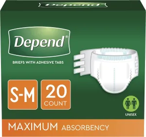 Depend Incontinence Protection with Tabs, Maximum Absorbency, S/M, 60 Count (3 Packs of 20) (Packaging May Vary)