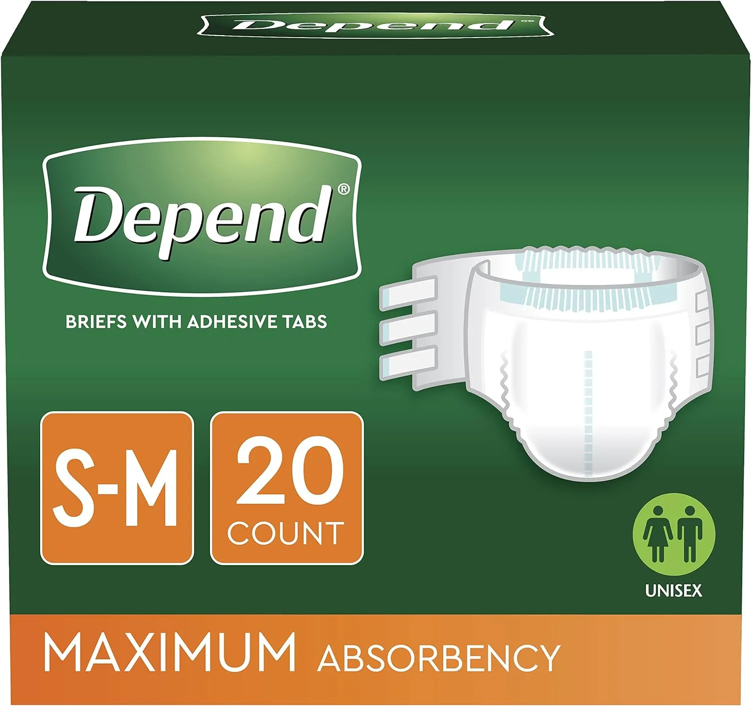 Depend Incontinence Protection with Tabs, Maximum Absorbency, S/M, 60 Count (3 Packs of 20) (Packaging May Vary)