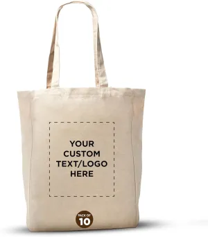 DISCOUNT PROMOS Custom Cotton Canvas Tote Bags (Set of 10) - Personalized, Reusable & Eco-Friendly - Perfect for Grocery, Promotions, Branding - Natural Color, 14.25"X15.5"X5", 10 OZ Cotton