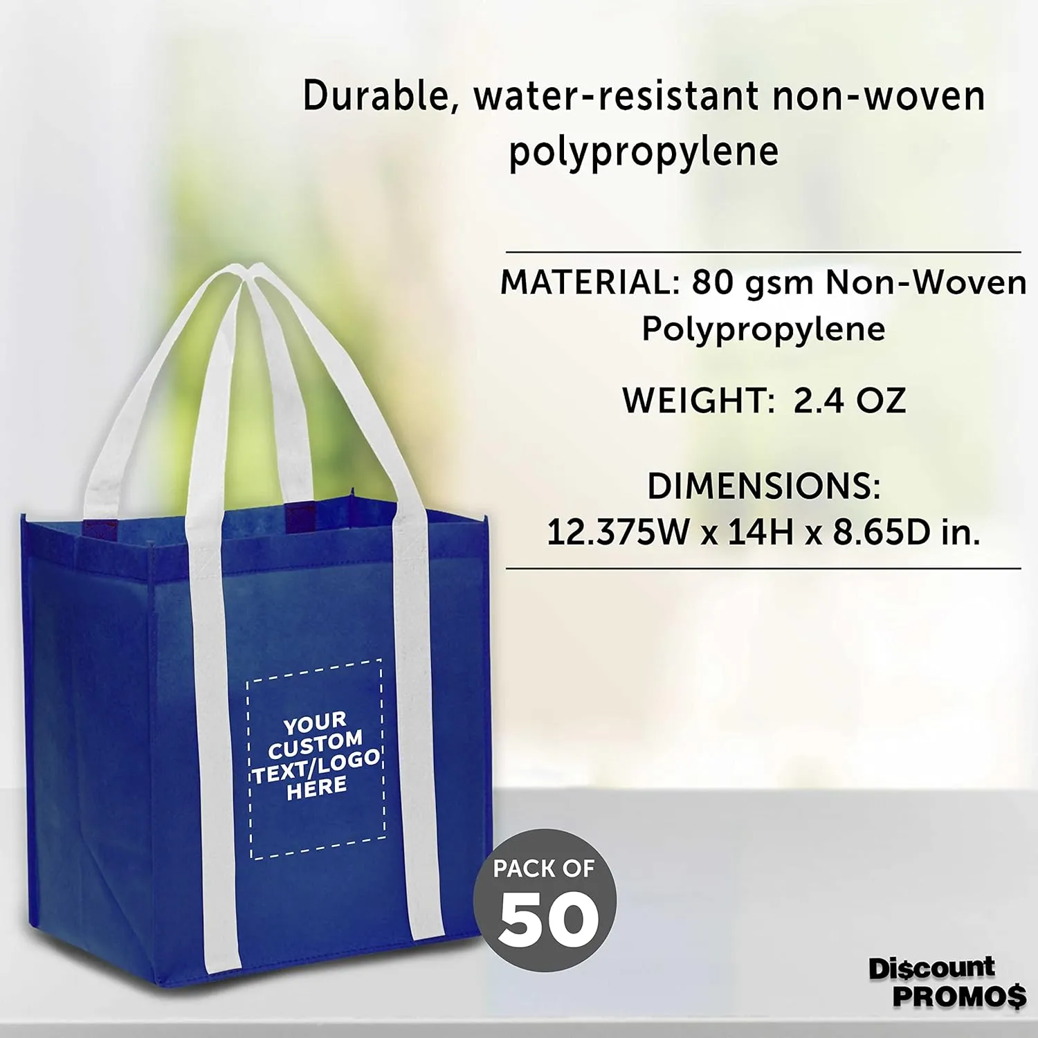 DISCOUNT PROMOS Custom Non Woven Shopping Tote Bags Set of 50, Personalized Bulk Pack - Reusable, Great for Shopping, Grocery, Beach, Picnic, Wedding Favors - Blue White