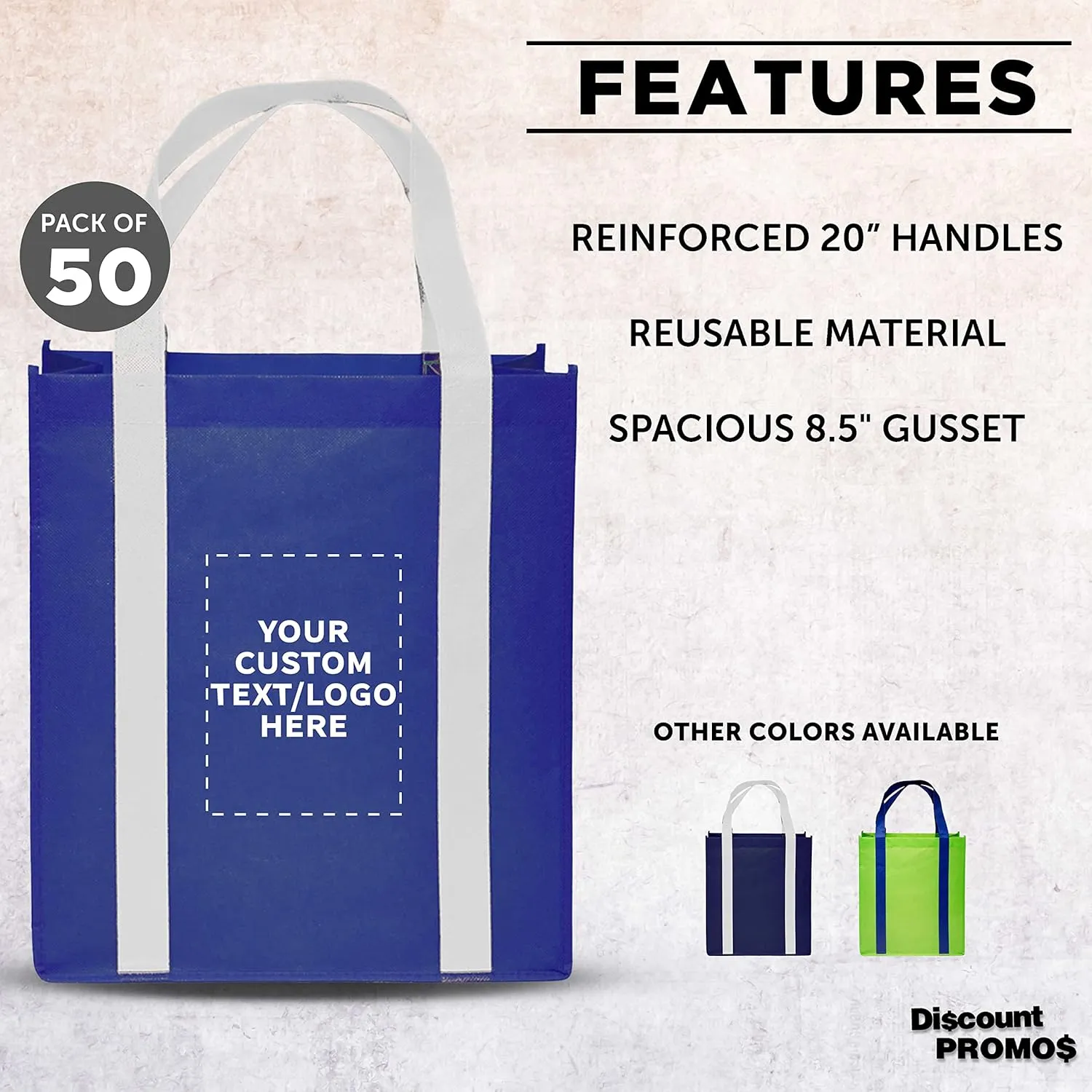 DISCOUNT PROMOS Custom Non Woven Shopping Tote Bags Set of 50, Personalized Bulk Pack - Reusable, Great for Shopping, Grocery, Beach, Picnic, Wedding Favors - Blue White