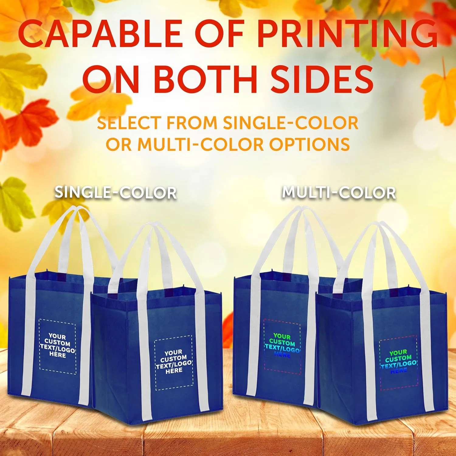 DISCOUNT PROMOS Custom Non Woven Shopping Tote Bags Set of 50, Personalized Bulk Pack - Reusable, Great for Shopping, Grocery, Beach, Picnic, Wedding Favors - Blue White