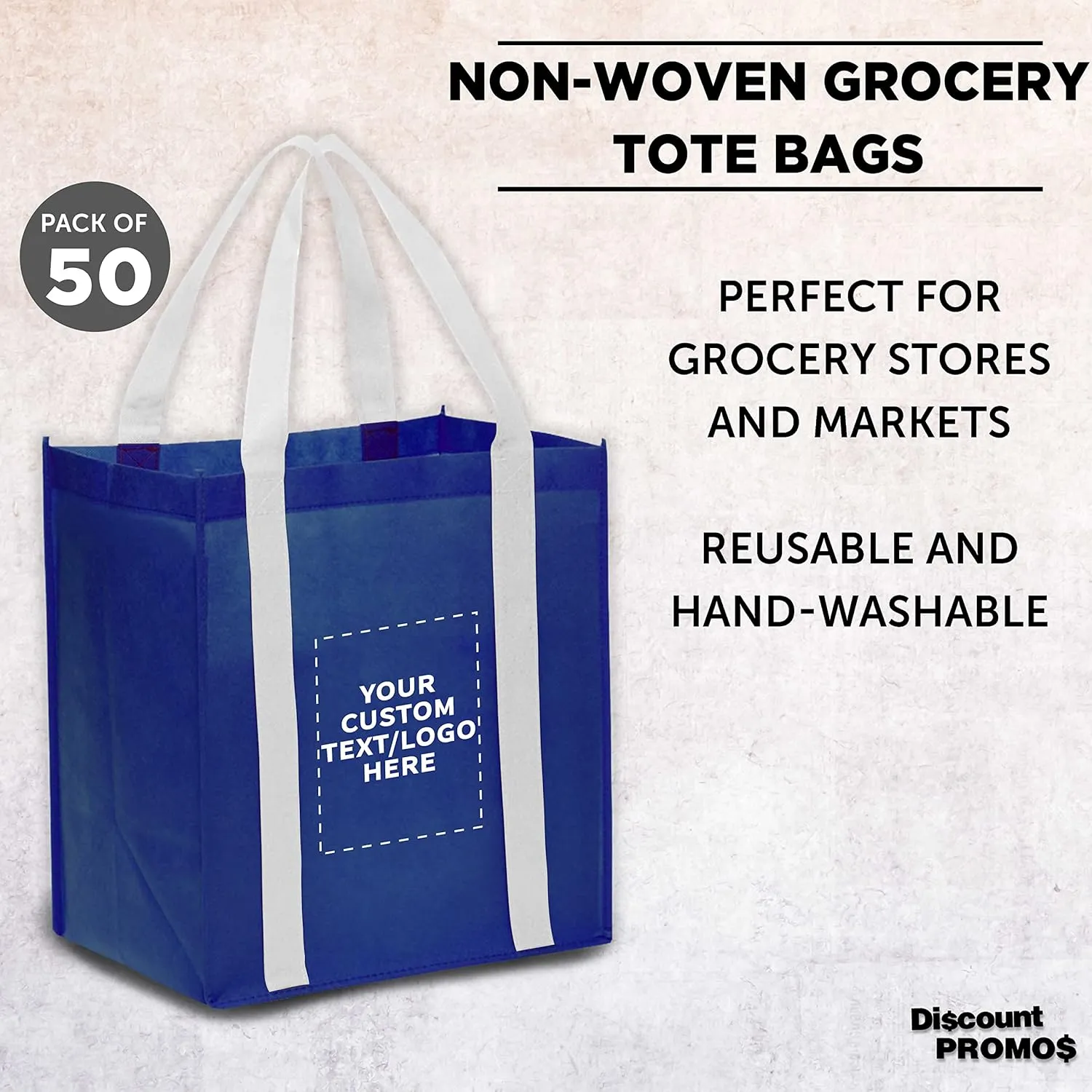 DISCOUNT PROMOS Custom Non Woven Shopping Tote Bags Set of 50, Personalized Bulk Pack - Reusable, Great for Shopping, Grocery, Beach, Picnic, Wedding Favors - Blue White