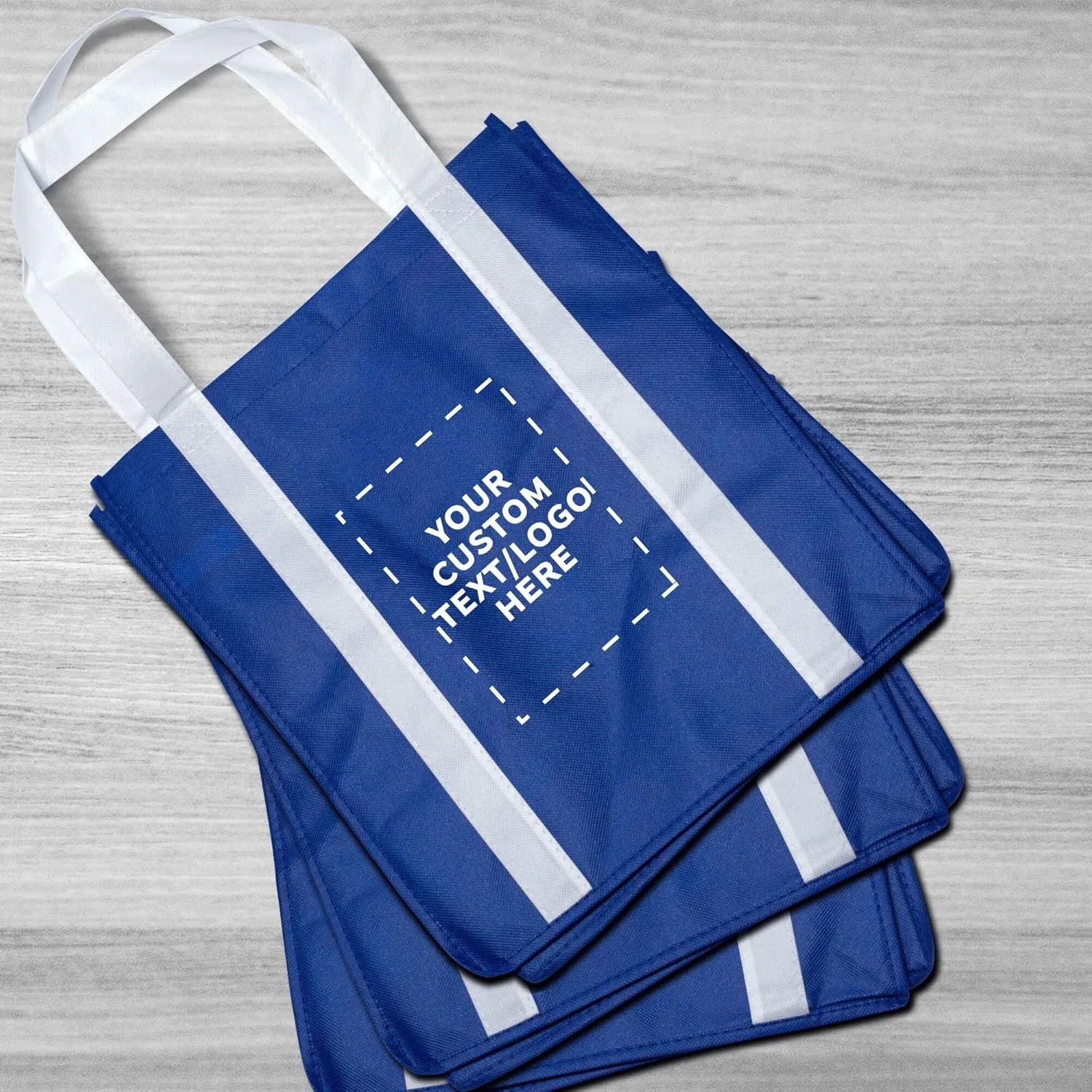 DISCOUNT PROMOS Custom Non Woven Shopping Tote Bags Set of 50, Personalized Bulk Pack - Reusable, Great for Shopping, Grocery, Beach, Picnic, Wedding Favors - Blue White