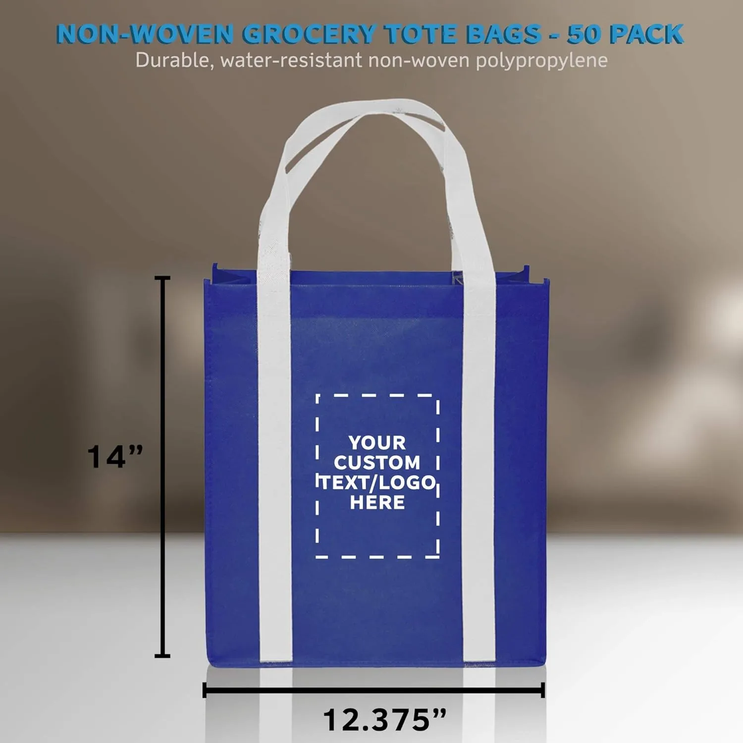 DISCOUNT PROMOS Custom Non Woven Shopping Tote Bags Set of 50, Personalized Bulk Pack - Reusable, Great for Shopping, Grocery, Beach, Picnic, Wedding Favors - Blue White
