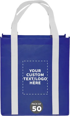DISCOUNT PROMOS Custom Non Woven Shopping Tote Bags Set of 50, Personalized Bulk Pack - Reusable, Great for Shopping, Grocery, Beach, Picnic, Wedding Favors - Blue White