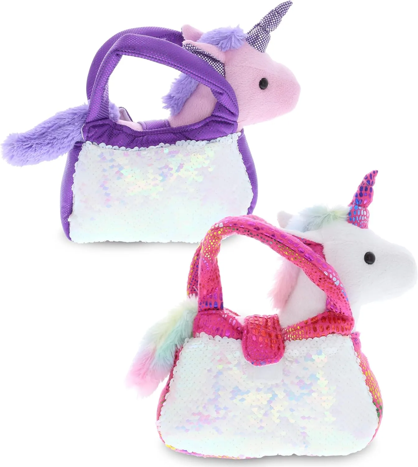 DolliBu Unicorn Sequin Bags Collection Set of 2 - Pink and Purple Unicorn Stuffed Animal Purse Bag for Girls, Removable Unicorn in Sequin, Furry Handbags for Dress Up
