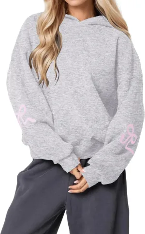 DSORVICD Women Bow Graphic Sweatshirt Y2k Long Sleeve Oversized Hoodies Cute Loose Fit Pullovers Teen Girls Preppy Streetwear