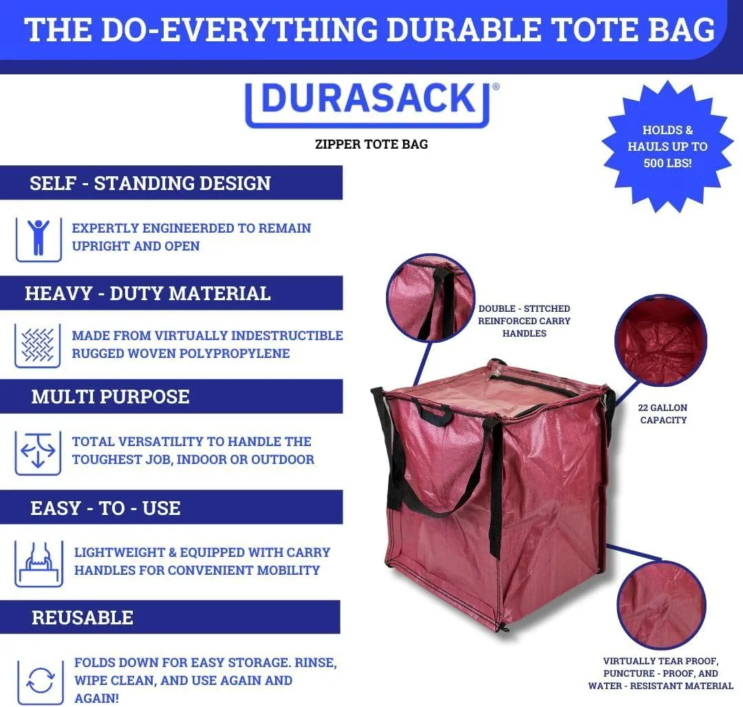 DURASACK Heavy Duty Storage Tote Bag with Zipper Top 22-Gallon Rugged Woven Polypropylene Moving Bag, Reusable Self-Standing Design, Holds up to 500 Pounds, Pack of 4, Red