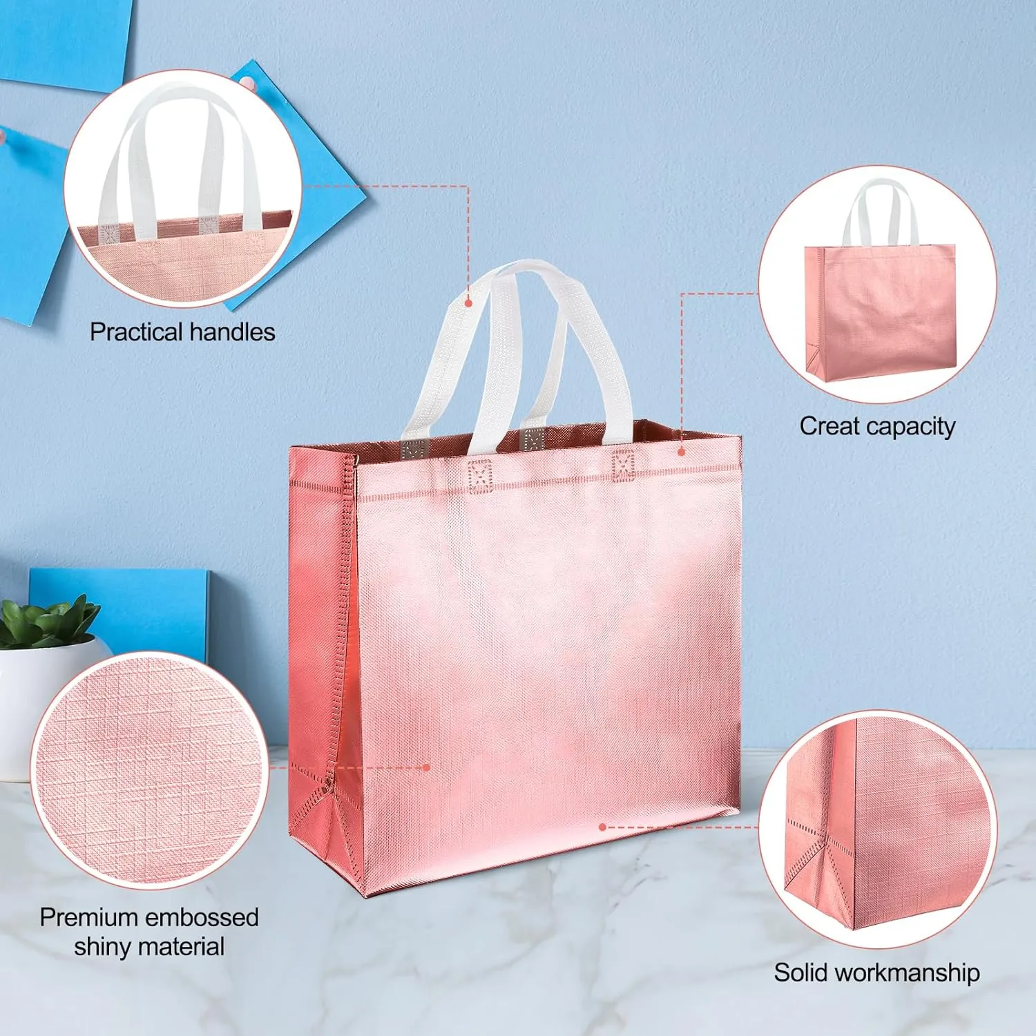 Eccliy 60 Pcs Reusable Gift Tote Bags Grocery Shopping Bag with Handles Thank You Gift Bags for Bridesmaid Wedding(Rose Gold)