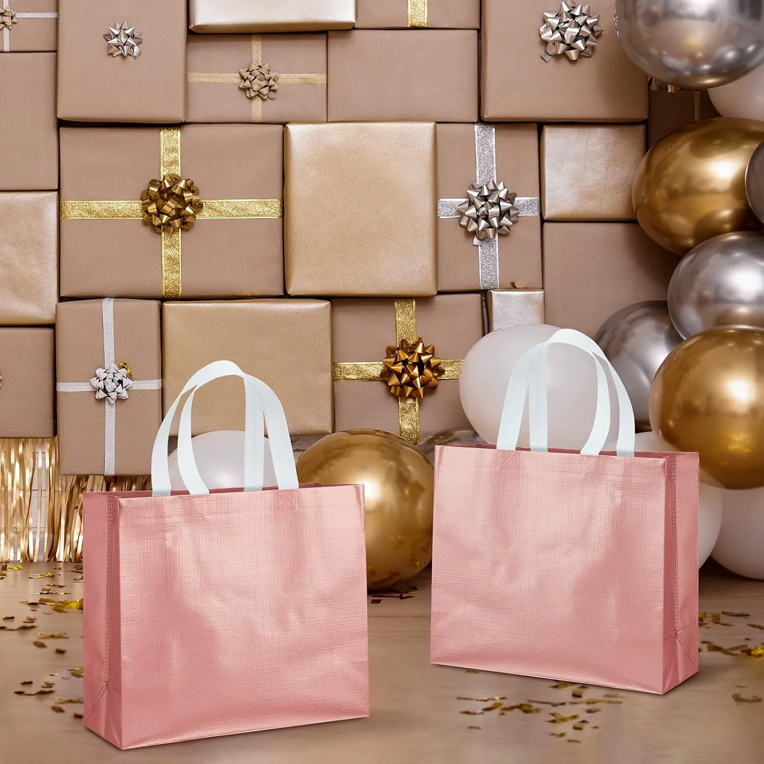 Eccliy 60 Pcs Reusable Gift Tote Bags Grocery Shopping Bag with Handles Thank You Gift Bags for Bridesmaid Wedding(Rose Gold)