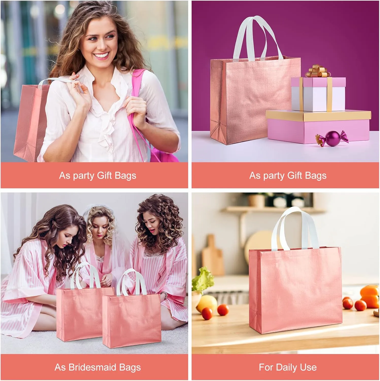 Eccliy 60 Pcs Reusable Gift Tote Bags Grocery Shopping Bag with Handles Thank You Gift Bags for Bridesmaid Wedding(Rose Gold)
