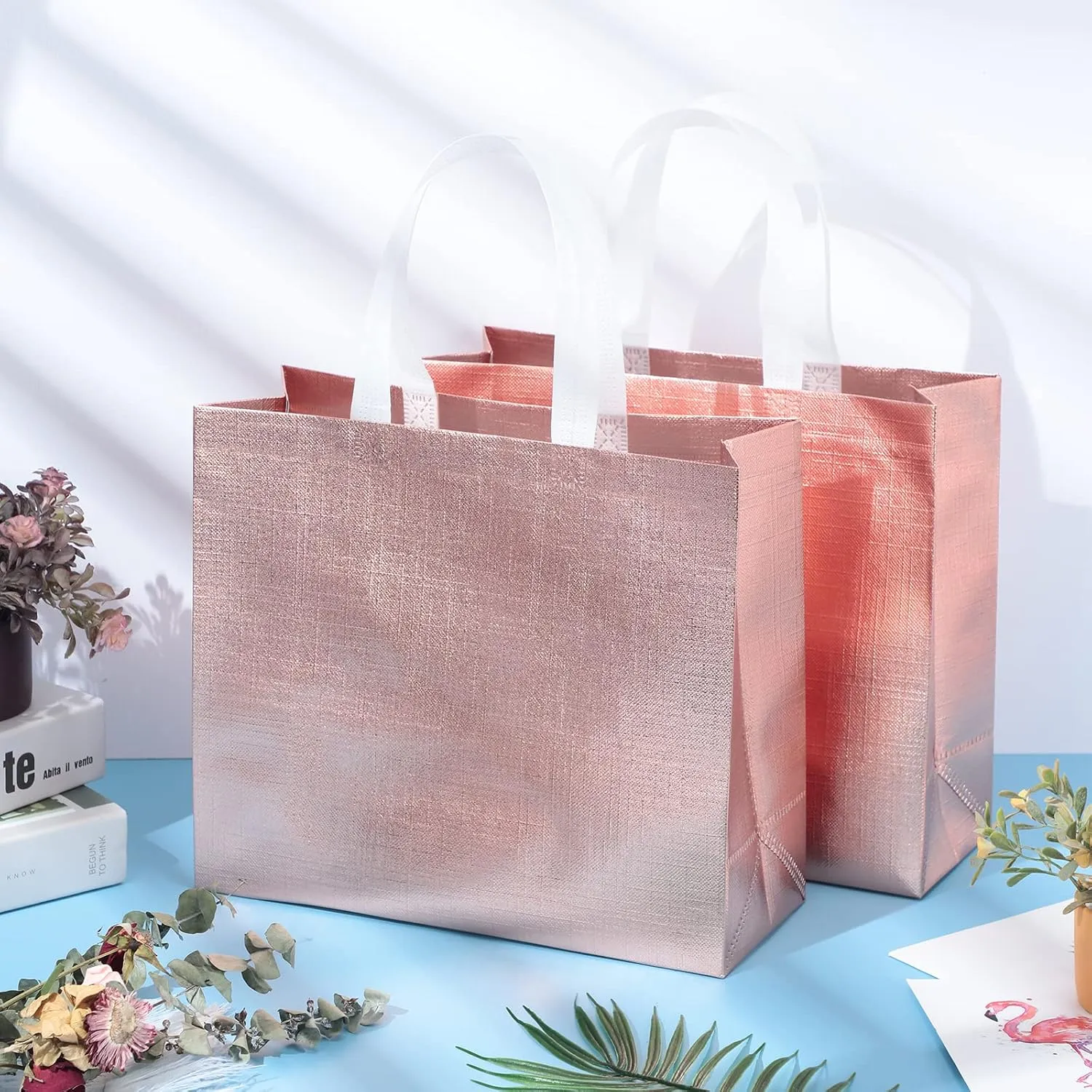Eccliy 60 Pcs Reusable Gift Tote Bags Grocery Shopping Bag with Handles Thank You Gift Bags for Bridesmaid Wedding(Rose Gold)