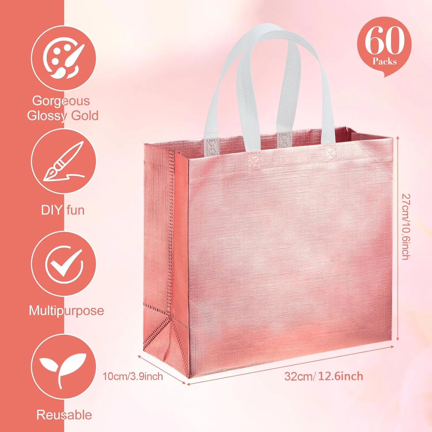 Eccliy 60 Pcs Reusable Gift Tote Bags Grocery Shopping Bag with Handles Thank You Gift Bags for Bridesmaid Wedding(Rose Gold)