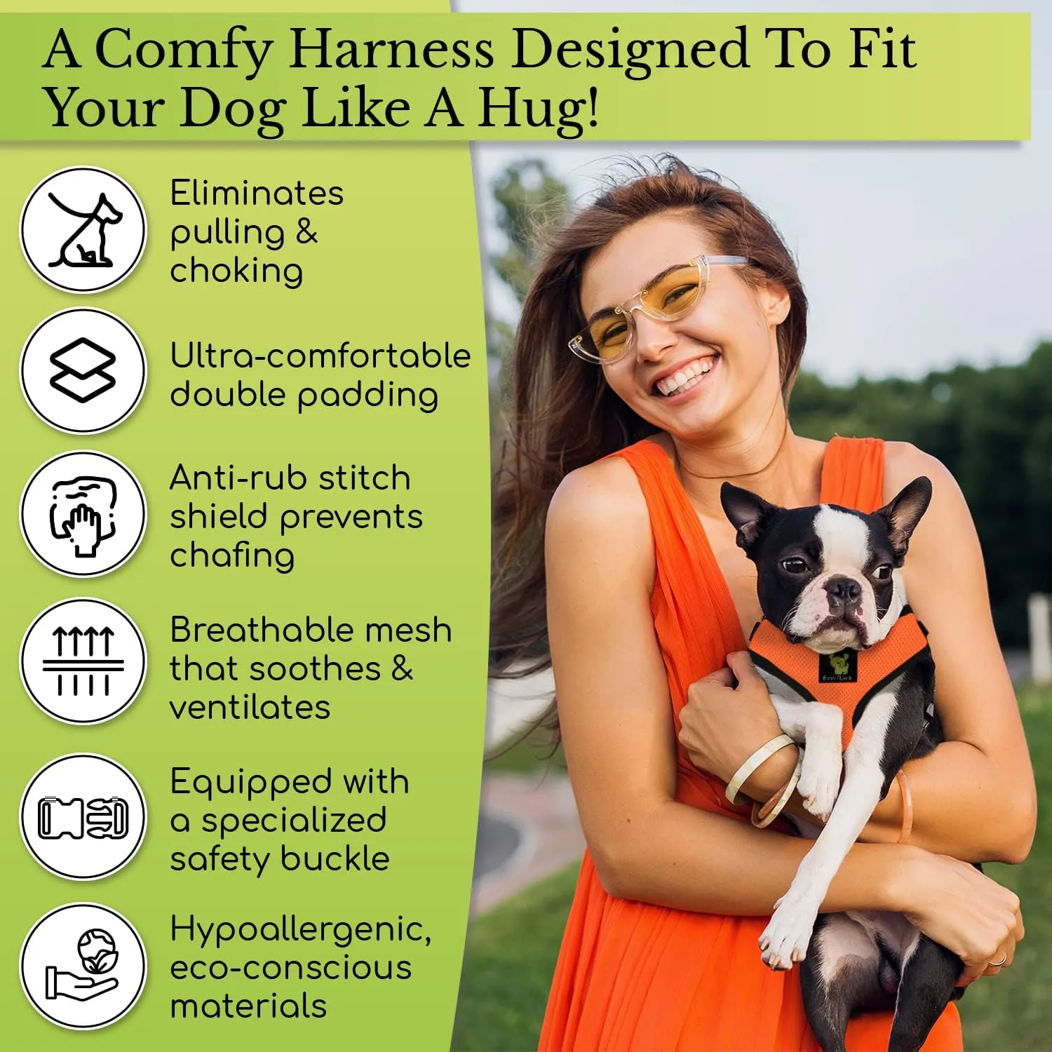 EcoBark Dog Harness - Eco-Friendly Max Comfort Harnesses - Luxurious Soft Mesh Halter - Over The Head Harness Vest- No Pull and No Choke for Puppy, Toy Breeds & Small Dogs (Small, Baby Blue)