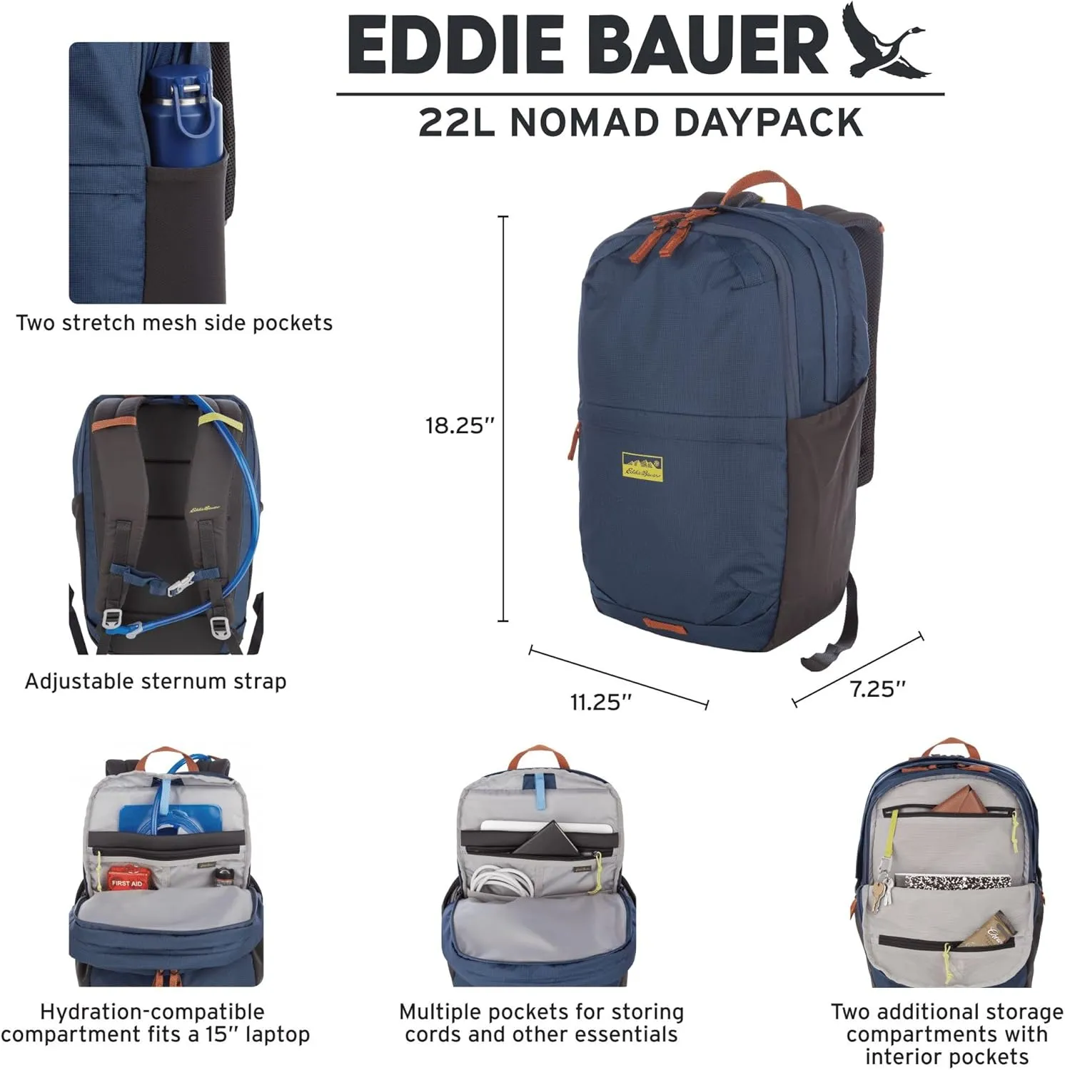 Eddie Bauer Nomad Backpack-Laptop Bag (17 inch)| Compression Straps | Travel | Hiking | Gym | Work | Commuting, Sienna, 22L