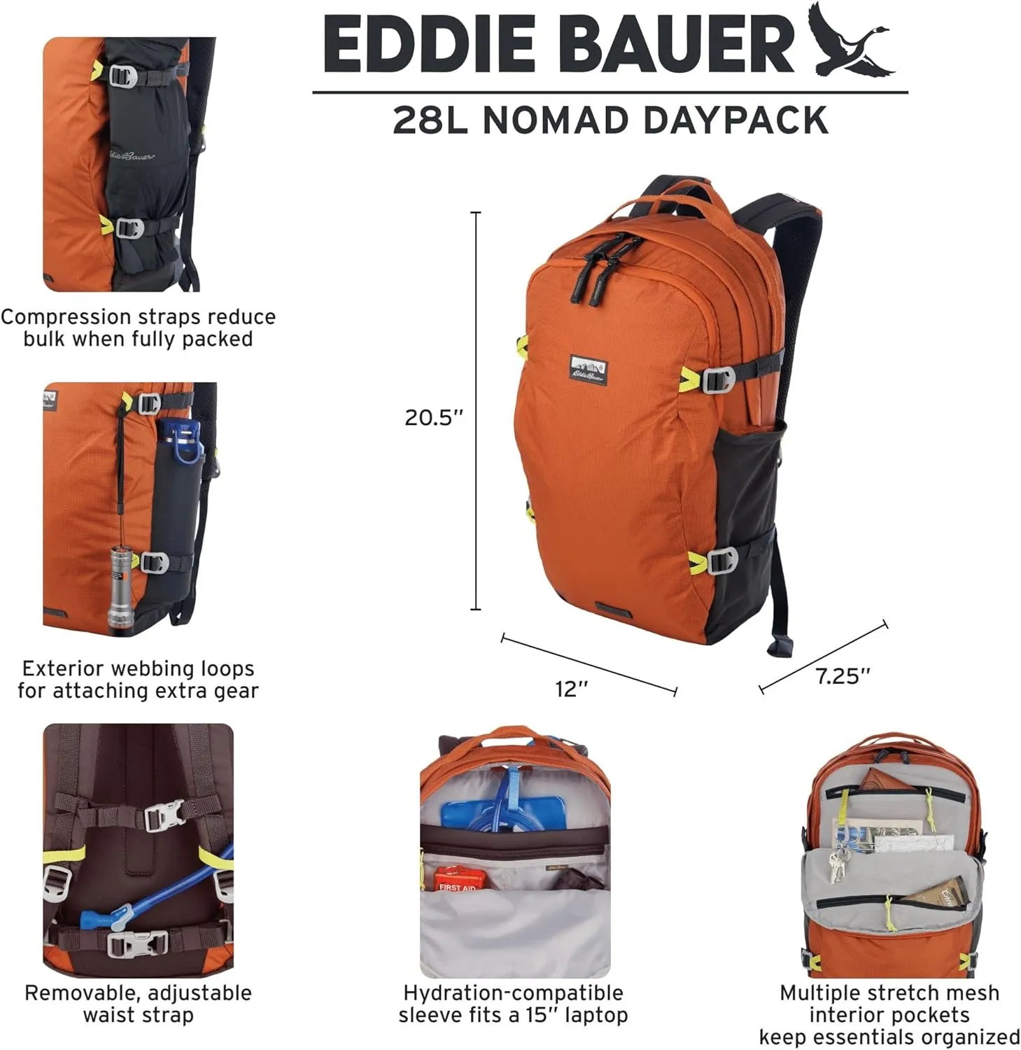 Eddie Bauer Nomad Backpack-Laptop Bag (17 inch)| Compression Straps | Travel | Hiking | Gym | Work | Commuting, Sienna, 28L