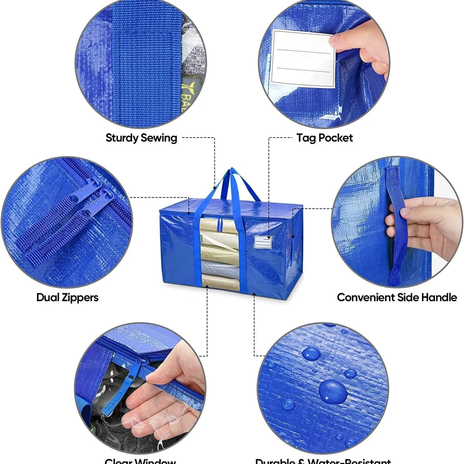 Elebac Moving Bags, Moving Supplies, Moving Boxes, Storage Boxes with Lids, Heavy-Duty Storage Totes, Packing Boxes, and Wardrobe Moving Supplies, for Clothes Camping College Dorm, 6 Pack Blue