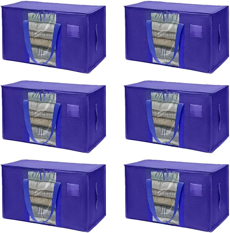 Elebac Moving Bags, Moving Supplies, Moving Boxes, Storage Boxes with Lids, Heavy-Duty Storage Totes, Packing Boxes, and Wardrobe Moving Supplies, for Clothes Camping College Dorm, 6 Pack Blue
