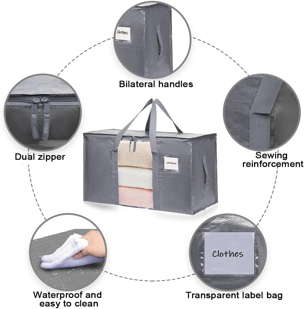Extra Large Moving Bags with Zipper, Heavy-Duty Storage Bags, Storage Bins with Lids Moving Boxes, Camping Accessories Totes for College Dorm Christmas Decorations, Gray 6 Pack