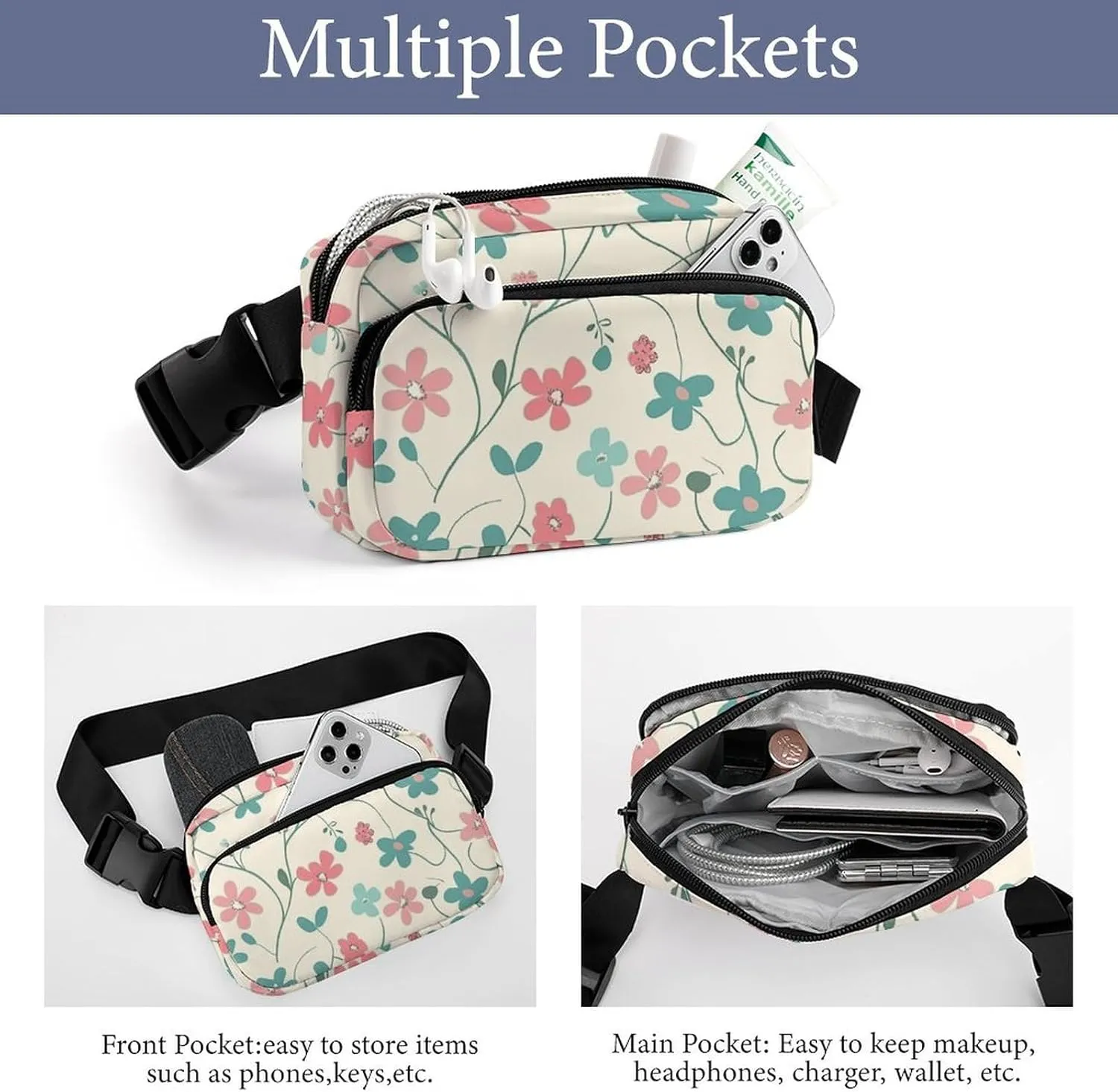 Fanny Pack for Men&Women Crossbody Waist Bag Small Sling Backpack Cyan Vine Pattern Belt Bag