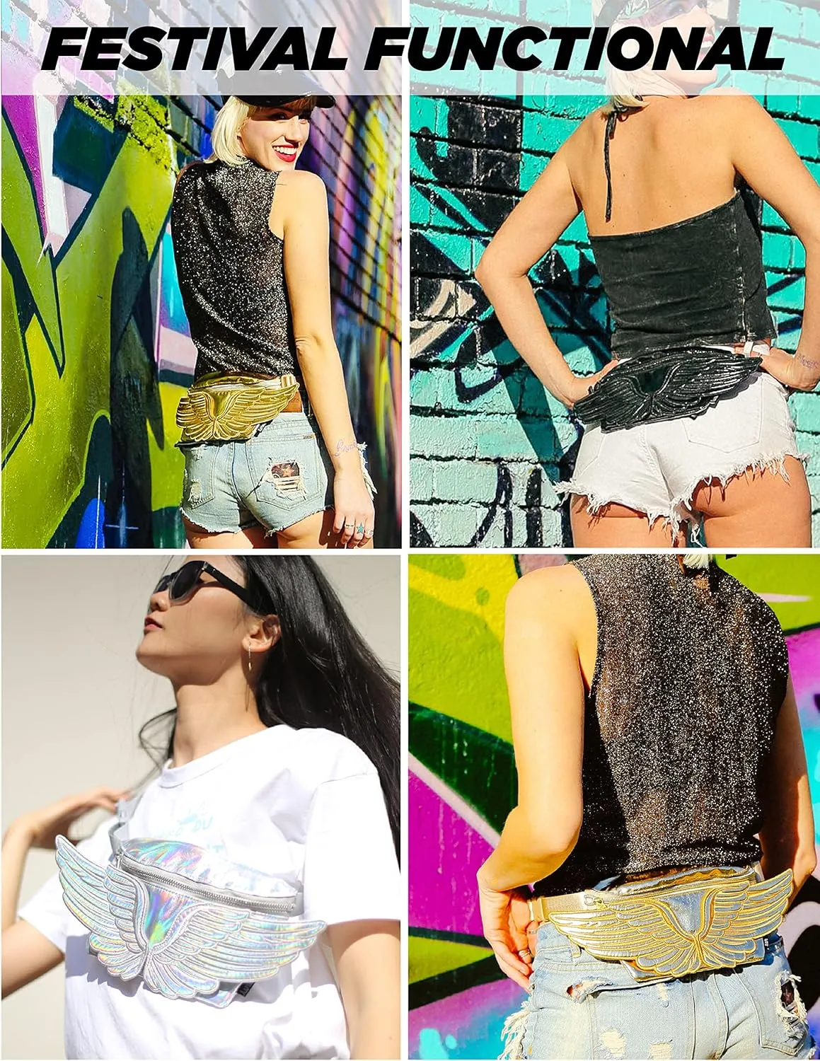 Fanny Pack Women Retro Fanny Pack Crossbody Bag for Women Men Festival Bag Small Cute Fanny Packs Woman Concert Bag Fashion Belt Bag 80s Waist Packs WINGS Silver