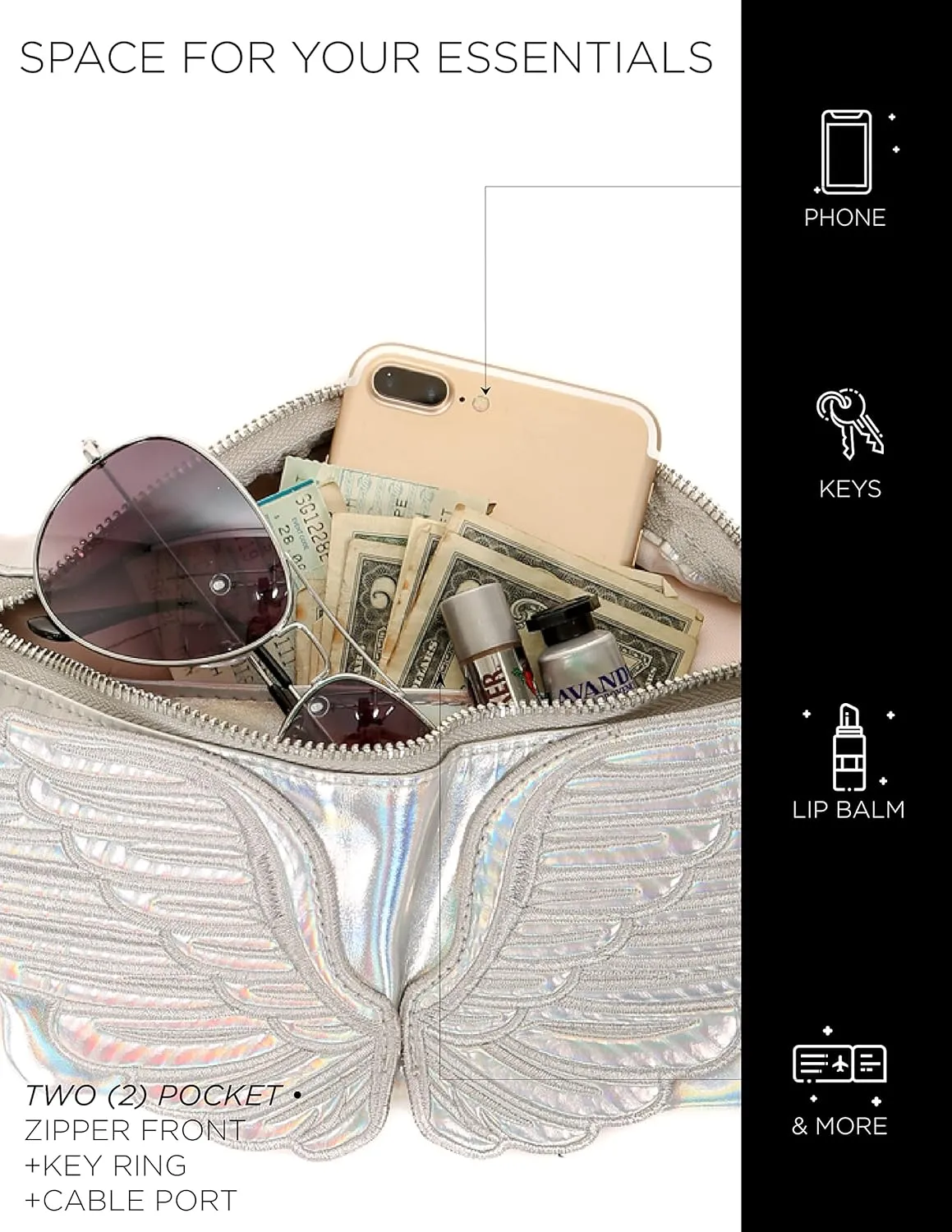 Fanny Pack Women Retro Fanny Pack Crossbody Bag for Women Men Festival Bag Small Cute Fanny Packs Woman Concert Bag Fashion Belt Bag 80s Waist Packs WINGS Silver
