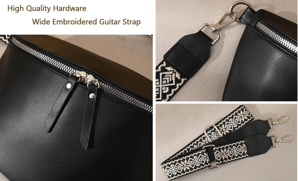Fanny Packs for Women Cross Body Belt Bag for Women with Guitar Strap PU Leather Crossbody Bags for Women Trendy Cute Designer Bum Bags for Travel Everyday(Black)