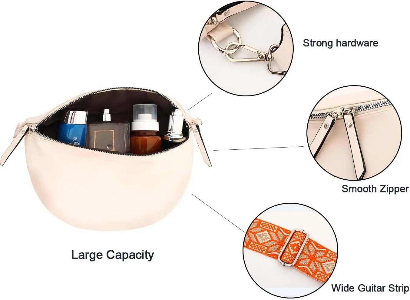 Fanny Packs for Women Cross Body Belt Bag for Women with Guitar Strap PU Leather Crossbody Bags for Women Trendy Cute Designer Bum Bags for Travel Everyday(White)