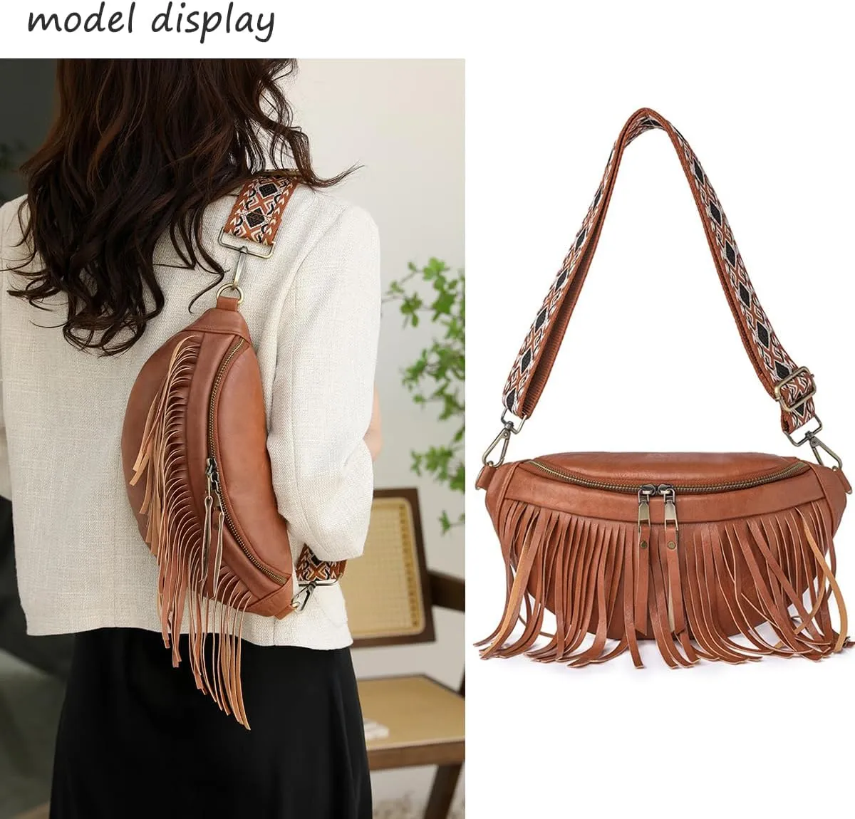 Fanny Packs for Women Fringe Purse Leather Chest Bag Waist Bag Casual Crossbody Bag with Zipper Pockets Travel Festival Sports Hiking Running (Brown)