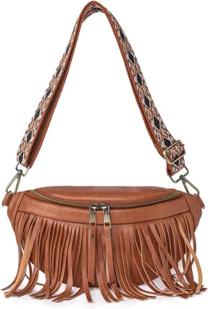 Fanny Packs for Women Fringe Purse Leather Chest Bag Waist Bag Casual Crossbody Bag with Zipper Pockets Travel Festival Sports Hiking Running (Brown)