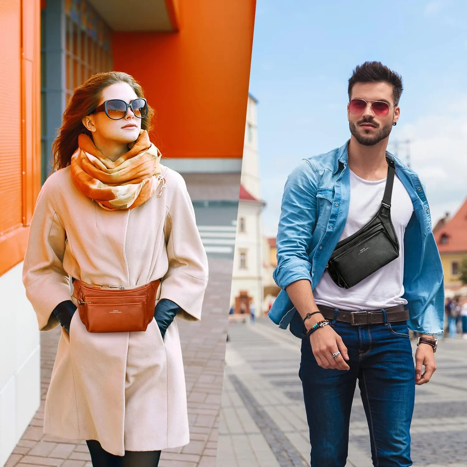 Fanny Packs for Women Leather Fashionable Black Fanny Pack for Men Girls Boys, Cute Waist Pack Belt Bag with Adjustable Strap, Casual Bum Hip Bags for Travel Running Disney Hiking Cycling Brown Pink