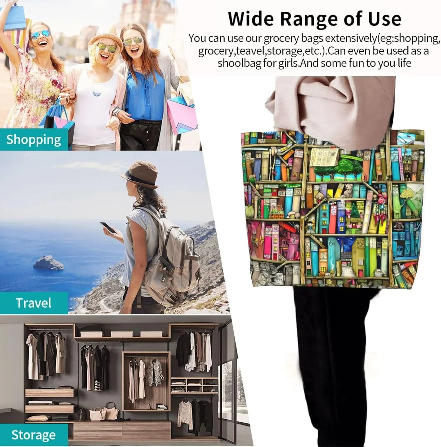 Fantasy Book Shelf Women's Tote Bag Large Capacity Single Shoulder Bags Handbag for Shopping Work