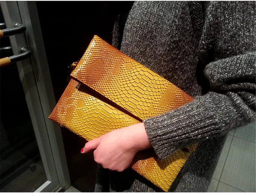 Fashion Snakeskin Envelop Clutch Purse Retro Oversized Handbags for Women