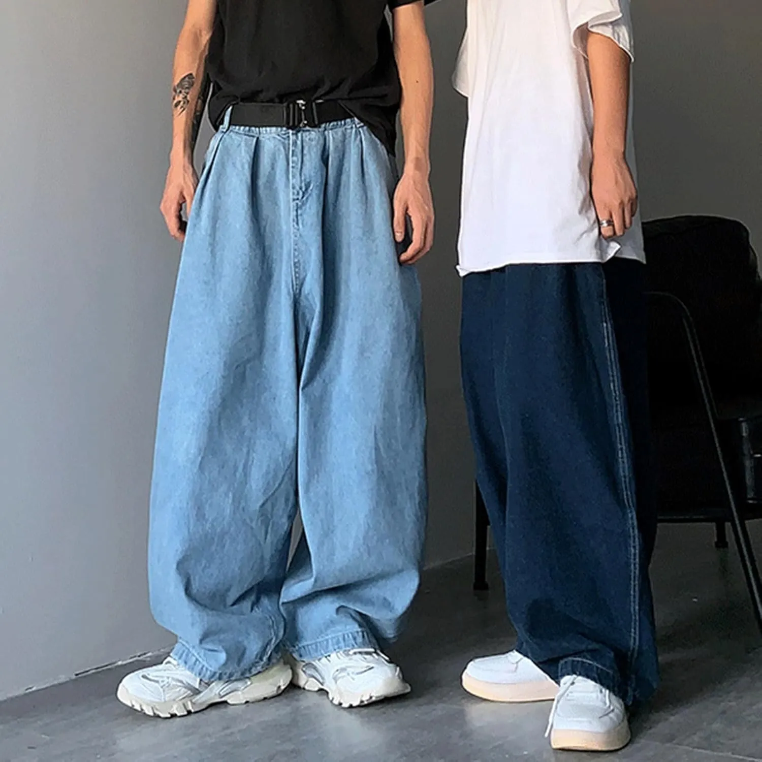 FCOOLYEET Men's Blue Baggy Y2k Vintage Skater Jeans Oversized Skateboard Denim Pants Wide Leg Jnco Jeans Streetwear