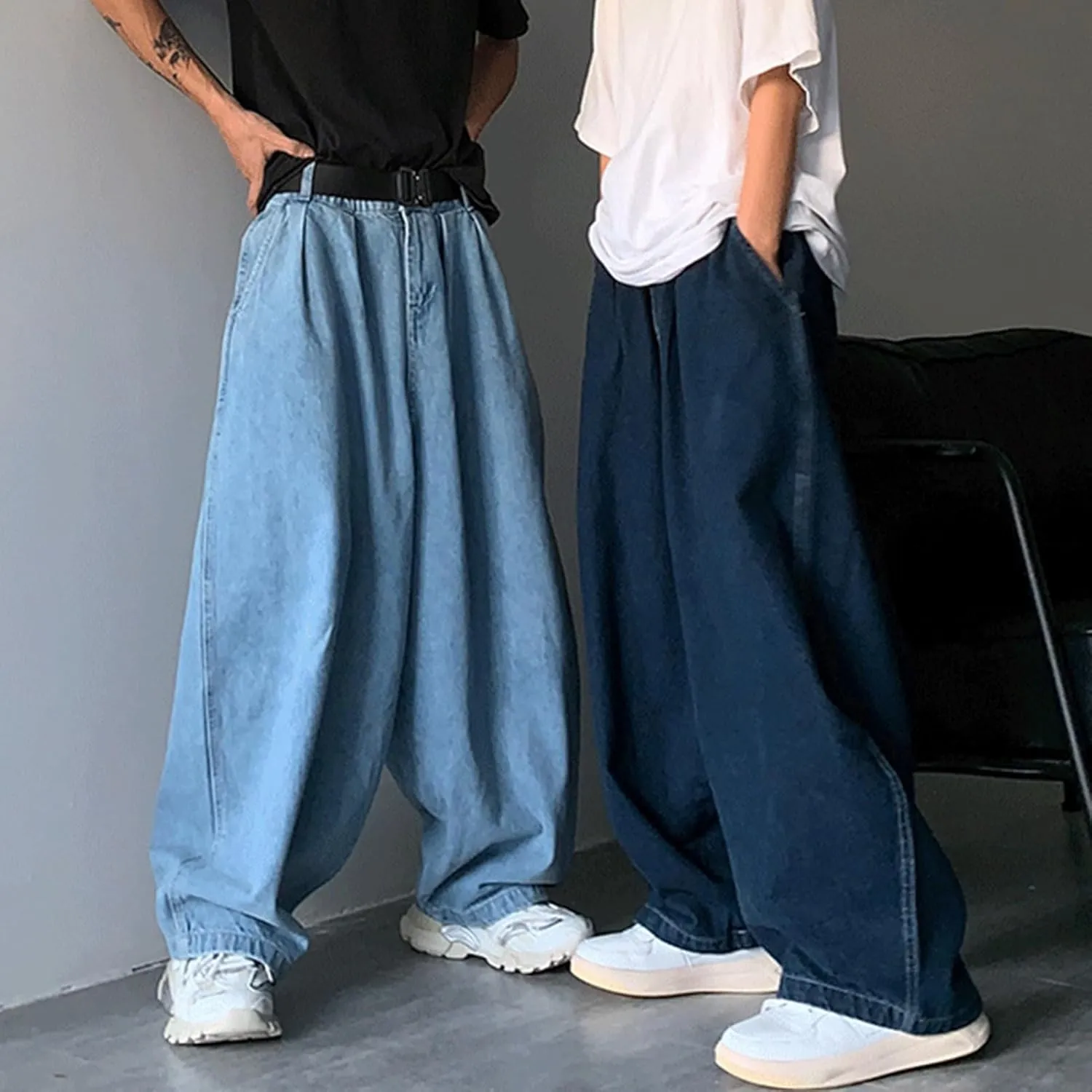 FCOOLYEET Men's Blue Baggy Y2k Vintage Skater Jeans Oversized Skateboard Denim Pants Wide Leg Jnco Jeans Streetwear