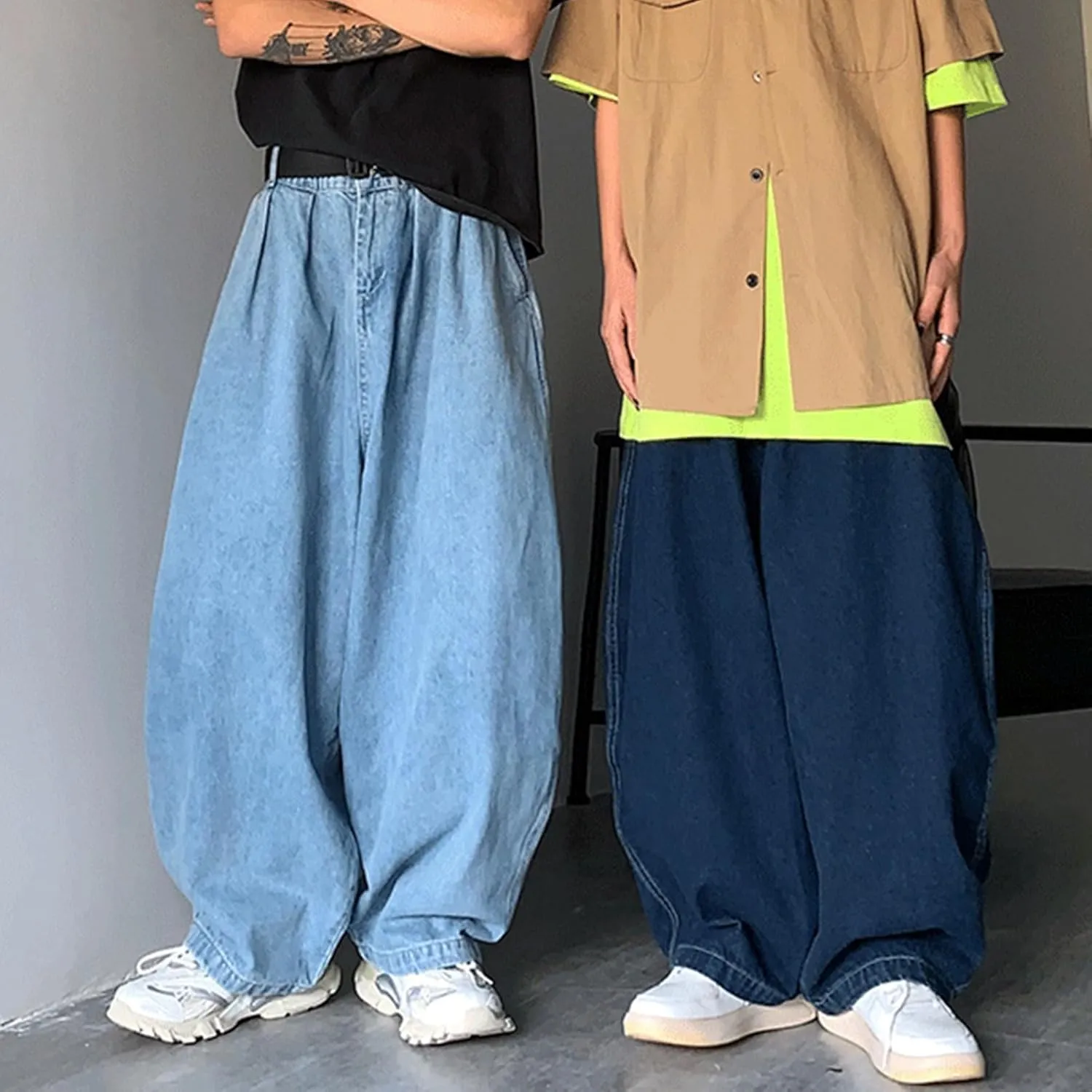 FCOOLYEET Men's Blue Baggy Y2k Vintage Skater Jeans Oversized Skateboard Denim Pants Wide Leg Jnco Jeans Streetwear