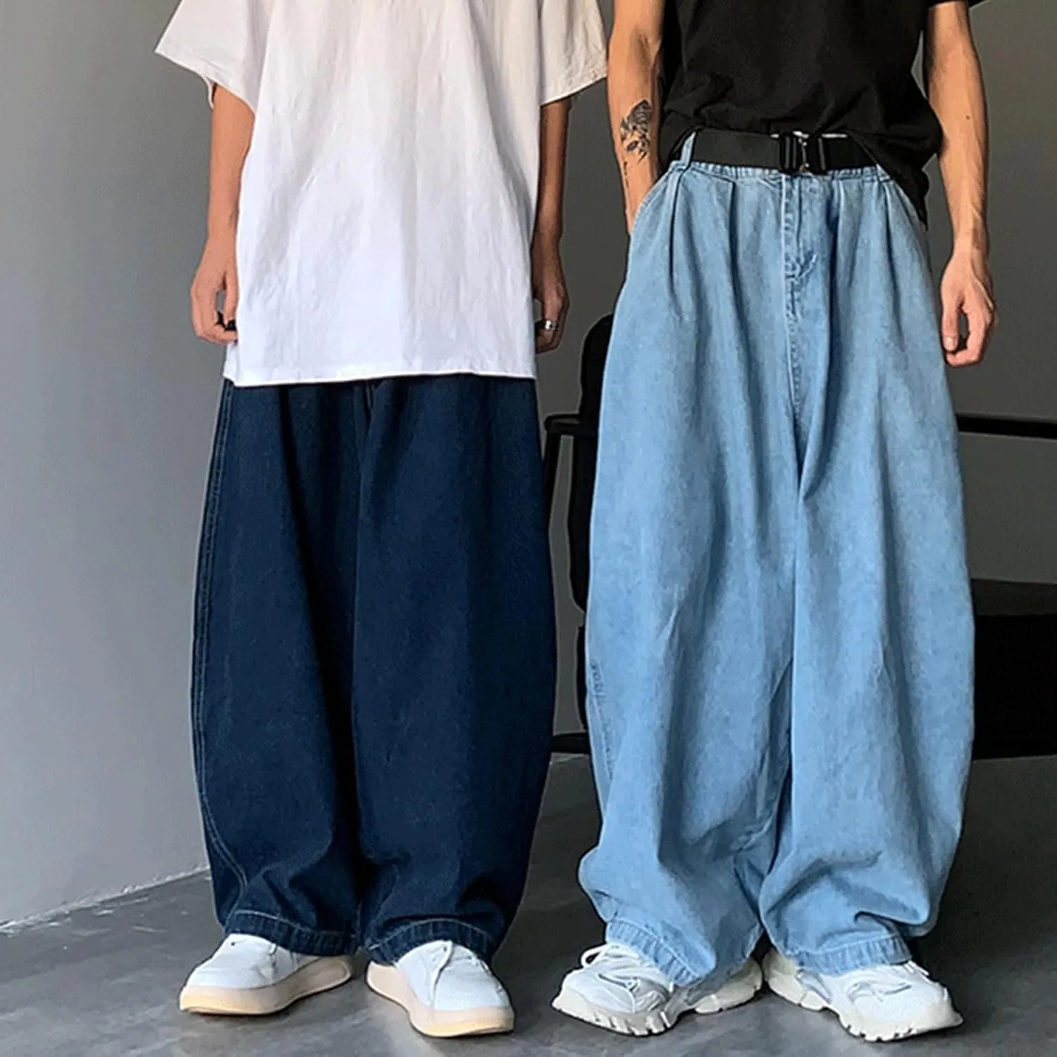 FCOOLYEET Men's Blue Baggy Y2k Vintage Skater Jeans Oversized Skateboard Denim Pants Wide Leg Jnco Jeans Streetwear