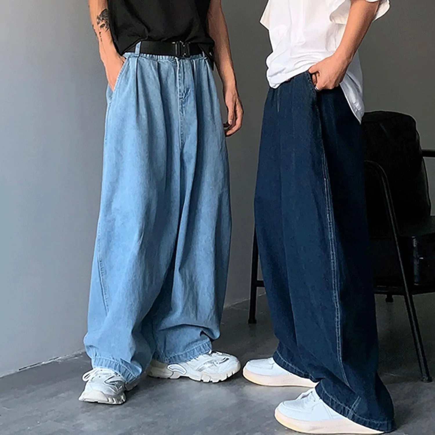 FCOOLYEET Men's Blue Baggy Y2k Vintage Skater Jeans Oversized Skateboard Denim Pants Wide Leg Jnco Jeans Streetwear