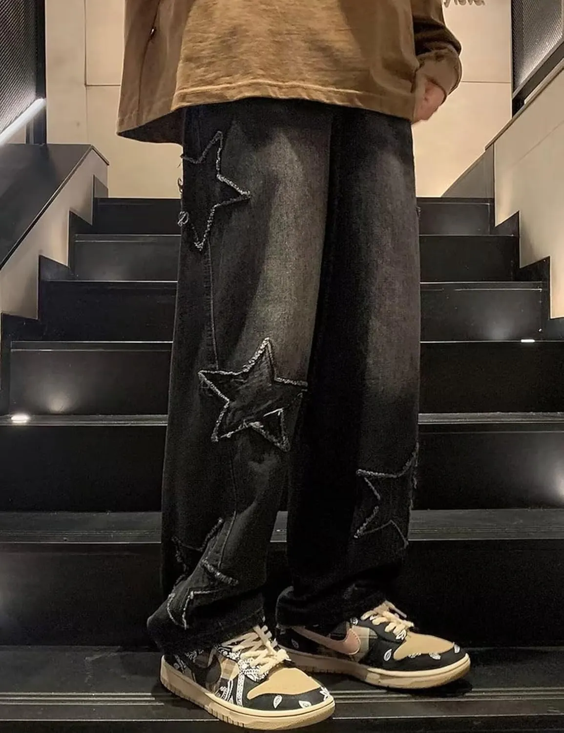 FCOOLYEET Mens Y2k Jeans Hip Hop Baggy Star Denim Pants Straight Leg Demin Joggers Aesthetic Graphic Jeans Streetwear