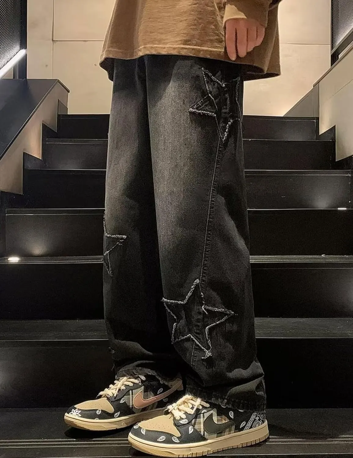 FCOOLYEET Mens Y2k Jeans Hip Hop Baggy Star Denim Pants Straight Leg Demin Joggers Aesthetic Graphic Jeans Streetwear