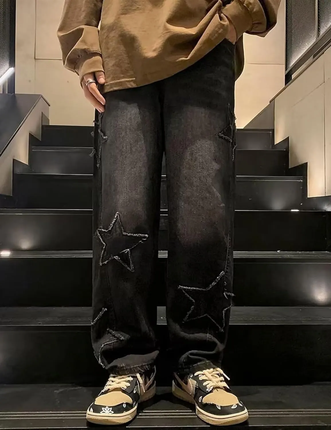 FCOOLYEET Mens Y2k Jeans Hip Hop Baggy Star Denim Pants Straight Leg Demin Joggers Aesthetic Graphic Jeans Streetwear