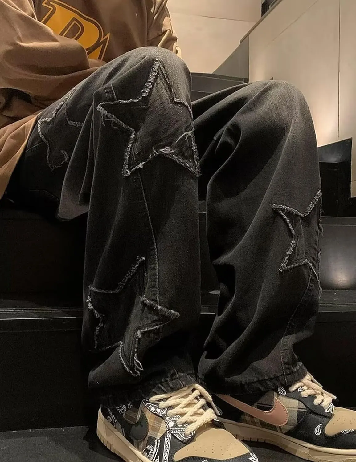 FCOOLYEET Mens Y2k Jeans Hip Hop Baggy Star Denim Pants Straight Leg Demin Joggers Aesthetic Graphic Jeans Streetwear