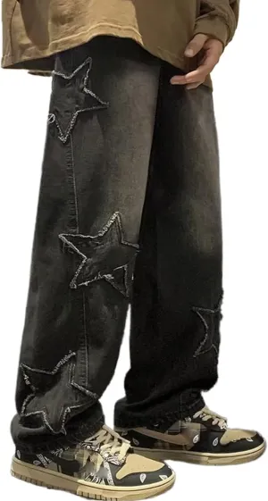 FCOOLYEET Mens Y2k Jeans Hip Hop Baggy Star Denim Pants Straight Leg Demin Joggers Aesthetic Graphic Jeans Streetwear