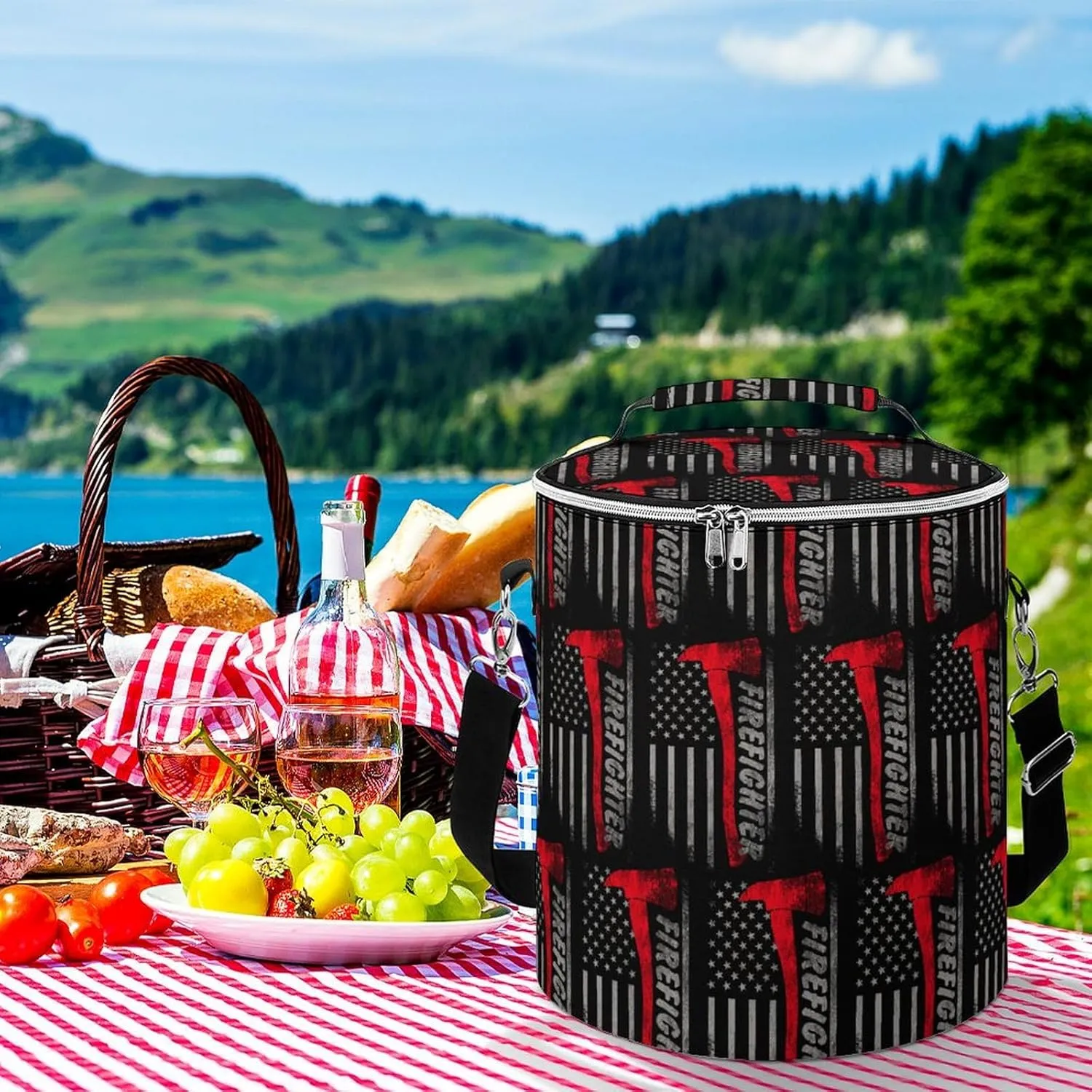 Firefighter Axe Red Line American Flag Large Capacity Cylindrical Camping Ice Pack Unisex