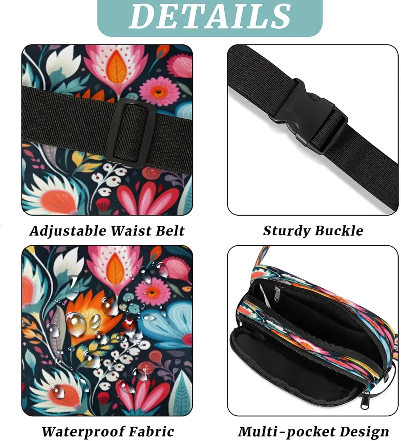 Floral Fiesta Waterproof Unisex Square Fanny Pack, Adjustable Waist Bag with Pockets, Sturdy Lightweight Crossbody Bag for Travel, Running, Hiking (9x6.1x2.5 Inches)
