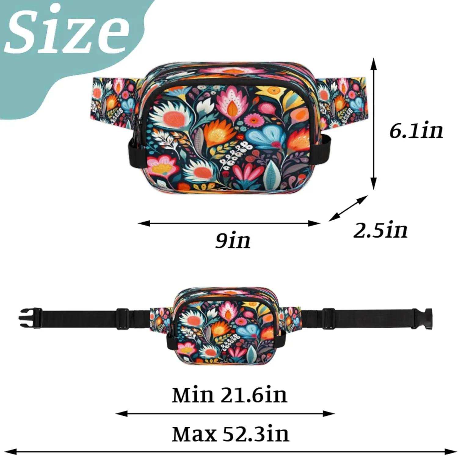 Floral Fiesta Waterproof Unisex Square Fanny Pack, Adjustable Waist Bag with Pockets, Sturdy Lightweight Crossbody Bag for Travel, Running, Hiking (9x6.1x2.5 Inches)