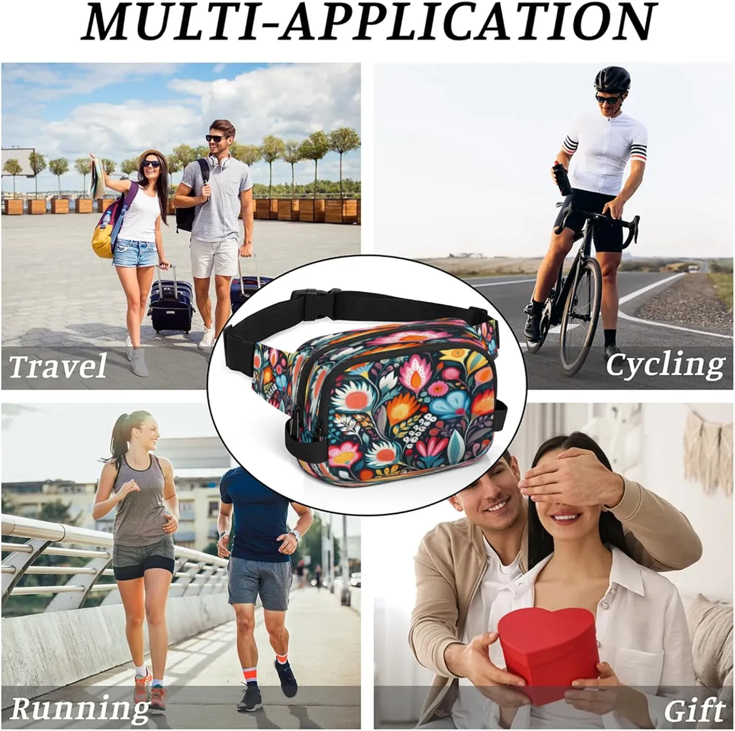 Floral Fiesta Waterproof Unisex Square Fanny Pack, Adjustable Waist Bag with Pockets, Sturdy Lightweight Crossbody Bag for Travel, Running, Hiking (9x6.1x2.5 Inches)